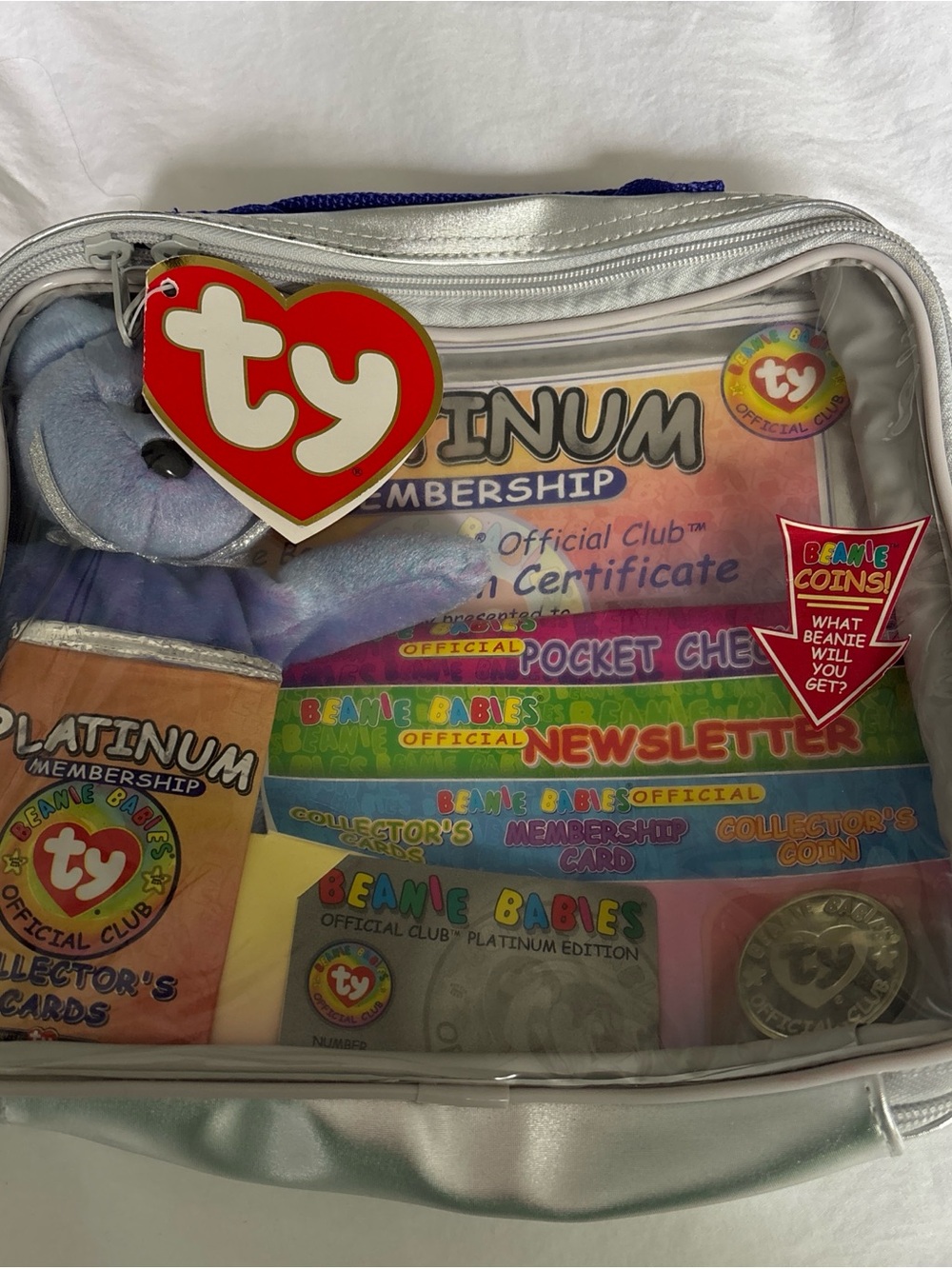 Rare 1999 Ty Platinum Beanie Babies Set with Silver Case and Blue Plush